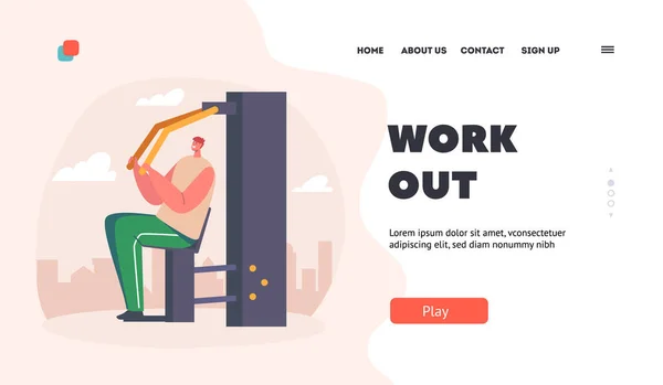 Manlig karaktär Fitness Workout, Sport Landing Page Template. Man kroppsbyggare pumpning muskler i huset Yard — Stock vektor