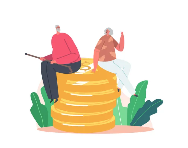 Happy Senior Muž Ženské postavy sedí na obrovské hromadě zlatých mincí. Koncepce finančního bohatství, penzijní spoření — Stockový vektor