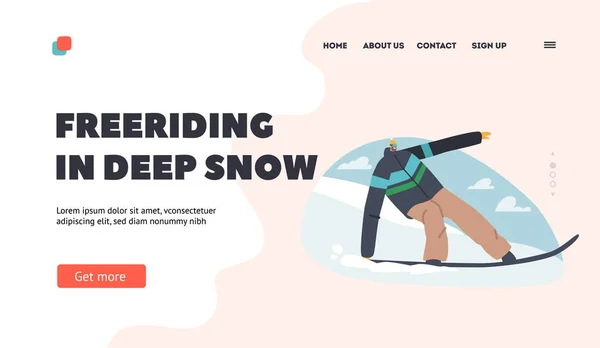 Freeride in Deep Snow Landing Page Template. Sport invernali, Attività di snowboard sulla località sciistica di montagna, Sport estremi — Vettoriale Stock