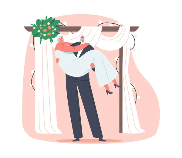 Пожилой жених держа невесту на руках под цветочной аркой во время церемонии бракосочетания, старший молодоженов — стоковый вектор