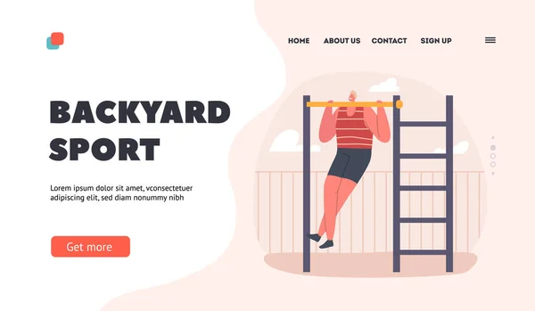 Backyard Sport Landing Page Template. Personagem masculino exercendo ao ar livre Puxe-se na barra horizontal — Vetor de Stock
