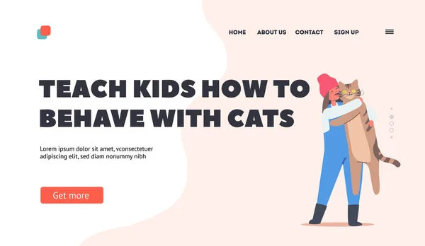 Love to Animals, Childhood Concept Landing Page Template. Vtipné dítě dívka obrovský kočka, dítě postava mazlit s zvířetem — Stockový vektor