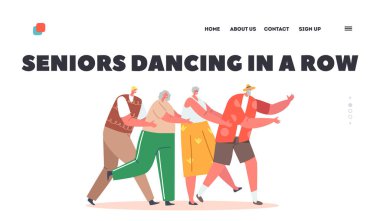 Emekliler Karakterleri Row Landing Page Şablonunda Dans Ediyor. Yaşlı insanlar sırada bekliyor Dans eden Conga, yaşlı erkekler ve kadınlar