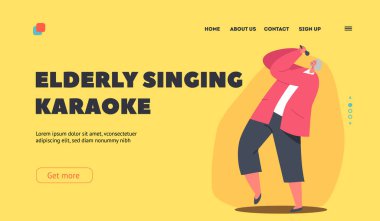 Şarkı Söyleyen Yaşlı Karaoke İniş Şablonu. Mikrofon Şarkı Söyleyen Heyecanlı Yaşlı Kadın. Yaşlı Kadın Vokalist