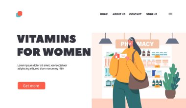 Kadınlar İniş Sayfası Şablonu için vitaminler. Ellerinde ilaç paketi olan bir kadın karakteri. Kadın Uyuşturucu Satın Aldı