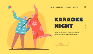 Karaoke Gecesi İniş Şablonu. Mutlu Kadın Karakterler Barda Neşeli Şarkılar Söylüyor, Mutlu Yaşlı Kadınlar