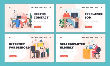 Yaşlılar Bilgisayar İniş Şablonu Ayarını Kullanıyor. Ev İletişiminde Oturan Yaşlı Erkek ve Kadın Eski Karakterler