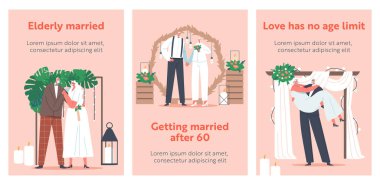 Üst Düzey Karakterler Düğün Karikatür Sancakları. Mutlu Gelinler Erkek ve Kadın Çiçek Kemeri altında Evleniyor