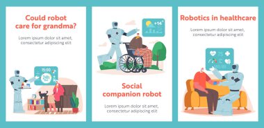 Robotlar Yaşlılara Yardım Çizgi Filmi Afişleri. Yaşlılar için Gelecek Teknolojisi. Ai Cyborg Yaşlı adamla Tekerlekli sandalyede yürüyor