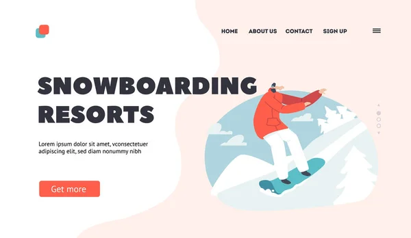 Snowboarding Resorts Modelo de landing page. Férias de Inverno Atividade Desportiva Extrema e Entretenimento. Jovem desportista — Vetor de Stock