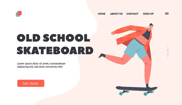 Modello di pagina di atterraggio skateboard vecchia scuola. Skateboard Attività all'aperto. Giovane donna a cavallo su Skateboard Formazione — Vettoriale Stock