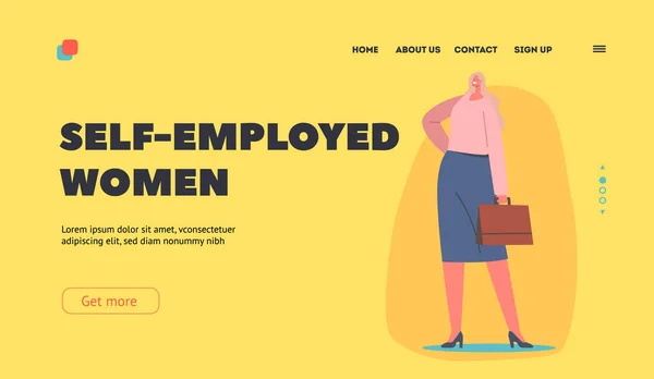 Modello di pagina di atterraggio delle donne lavoratrici autonome. Elegante donna d'affari bionda indossare abito alla moda camicetta rosa, gonna blu — Vettoriale Stock