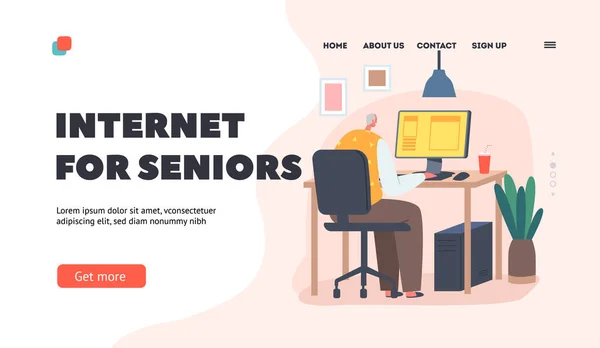 Internet pro šablonu přistávací stránky seniorů. Děda pomocí nových technologií, Stará mužská postava Sit at Desk with Pc — Stockový vektor