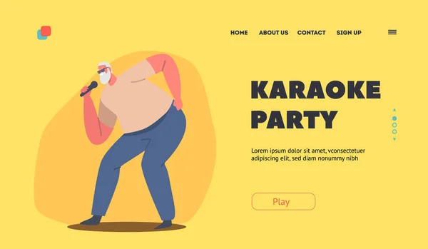 Modèle de page d'atterrissage de partie de karaoké. Happy Grey chevelu senior hipster homme avoir du plaisir à chanter au bar ou boîte de nuit — Image vectorielle