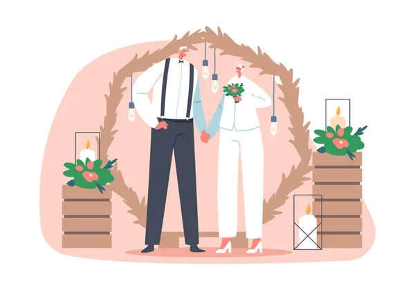 Cérémonie de mariage des personnages mariés seniors. Couple nuptial heureux homme et femme se marier, mariée âgée et marié — Image vectorielle