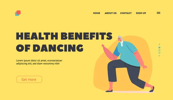 Hälsofördelar med Dancing Landing Page Template. Glada gamla kvinna dansare. Äldre, fritid eller aktiv hobby — Stock vektor
