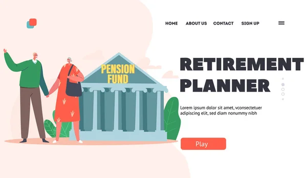 Шаблон страницы планирования выхода на пенсию. Счастливая парочка у здания Пенсионного фонда. Старики экономят деньги — стоковый вектор