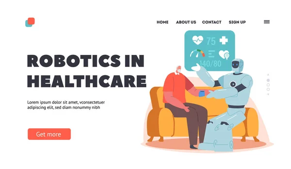 Robotika a Healthcare Landing Page sablonban. Robot ellenőrzi a vérnyomást a karakterben. Személyes robot az idősek számára — Stock Vector
