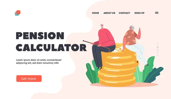 Calcolatore di pensione Landing Page Template. Buoni personaggi anziani seduti su un enorme mucchio di monete d'oro. Ricchezza finanziaria — Vettoriale Stock