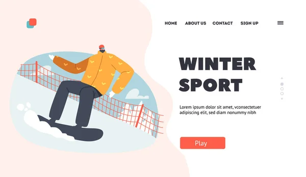 Winter Sport Landing Page Template (em inglês). Snowboard no Mountain Ski Resort. Esportista Vestido em roupas de inverno e óculos — Vetor de Stock