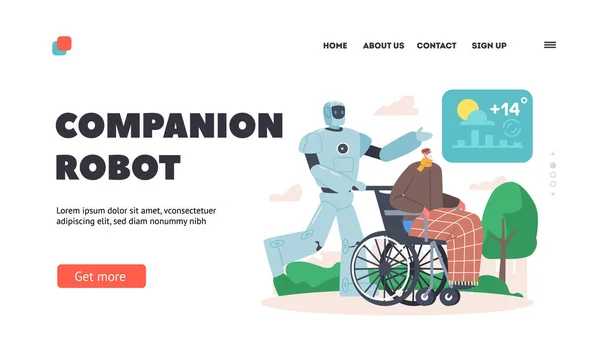 Metgezel Robot Landing Page Template. Cyborg lopen met een handicap Senior Man karakter zitten in een rolstoel — Stockvector