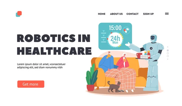 Robot Assistant Care for Elderly People Landing Page Template. Cyborg le recuerda a las personas mayores que toman medicamentos a tiempo — Vector de stock