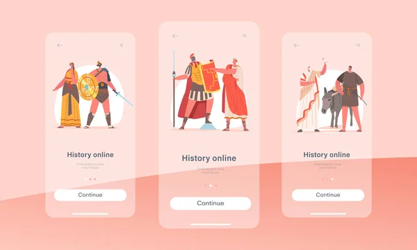 History Online Mobile App Page Onboard Screen Template. Römischer Bürger in historischen Kostümen, Gladiator, Redner — Stockvektor