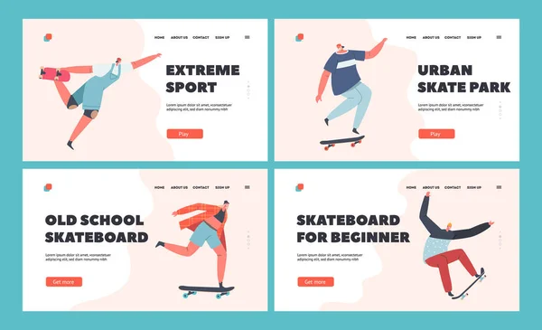 Teens Making Stunts and Tricks on Skateboards Landing Page Template Set. Giovani Skating Longboards — Vettoriale Stock