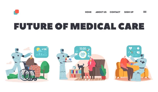 Future of Medical Care for Seniors Landing Page Template (en inglés). Los robots ayudan a las personas mayores. Ai Cyborg Caminar con el viejo — Archivo Imágenes Vectoriales