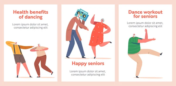 Jovens aposentados seniores Cartoon Banners. Personagens idosos à moda feliz Dançar, Relaxar em Festa, Lazer ou Lazer —  Vetores de Stock