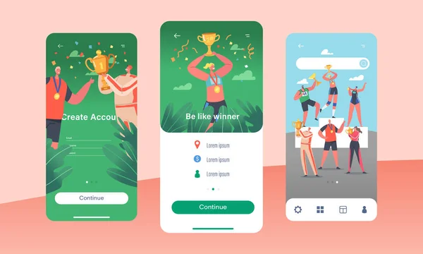 Champion, Winner, Victory Mobile App Page Onboard Screen Template Щасливі спортсмени і спортсменки перемогли — стоковий вектор