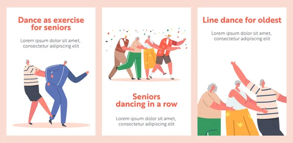 Old People Dance Conga Fique em fila com Confetti Falling Down Cartoon Banners. Idosos ativos Homens e Mulheres Partido —  Vetores de Stock