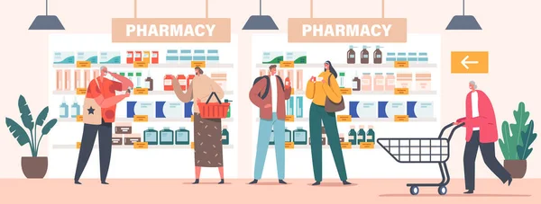 Characters with Shopping Trolleys Purchase Drugs in Pharmacy Store. Customers Walking along Shelves with Medications — Stock Vector