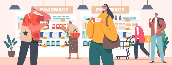 I personaggi acquistano farmaci nel negozio di farmacia. Clienti che camminano lungo gli scaffali con farmaci e pillole con carrelli — Vettoriale Stock