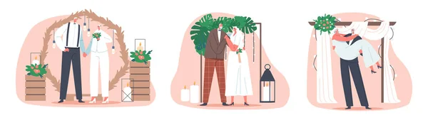 Senioren Huwelijksceremonie. gelukkig bruidspaar man en vrouw krijgen trouwen onder bloemenboog, pasgetrouwde liefde — Stockvector