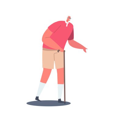 Yürüyen Çubuk 'un Beyaz Arkaplan' da izole edilmiş kıdemli erkek karakteri. Yaşlı Adam Yaşam Tarzı, Gülümseyen Yaşlı Beyefendi