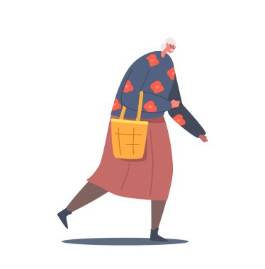 Bekar Yaşlı Kadın Karakteri Bluz Giyin ve Kahverengi Etek Yürüyüşü Beyaz Arkaplanda El Çantası İzole Edilmiş