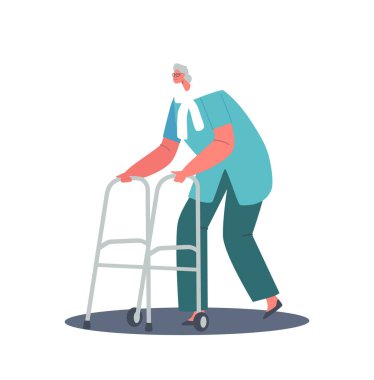 Kıdemli Kadın, Yaşlı Büyükanne Önde Yürüyen Yürüyen 'in Yardımlarıyla Taşınıyor. Kadın Karakter Yürüyen Çerçeve Kullan