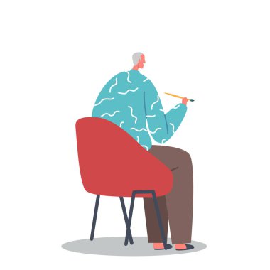 Beyaz Arkaplanda Tecrit Edilen Kıdemli Sanatçı Yaratıcı Mesleği. Yaşlı Erkek Ressam Karakteri Elinde Boya Fırçası