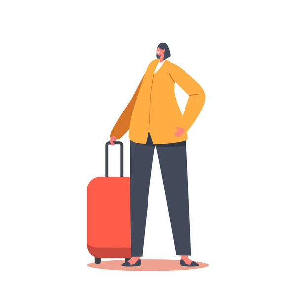 Affärsresa, Resekoncept. Kvinna med resväska Vänta Registrering på flygplatsen. Kvinnlig turist karaktär med bagage — Stock vektor
