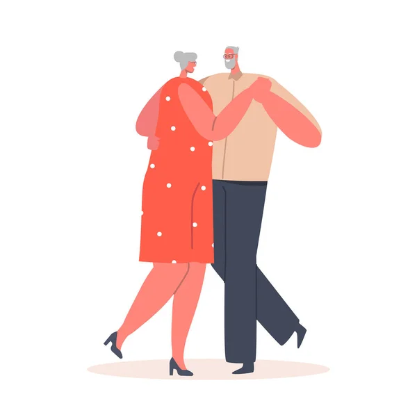 幸せな高齢者男性と女性のキャラクターダンス。恋人同士の恋愛関係。老人と女の抱擁 — ストックベクタ