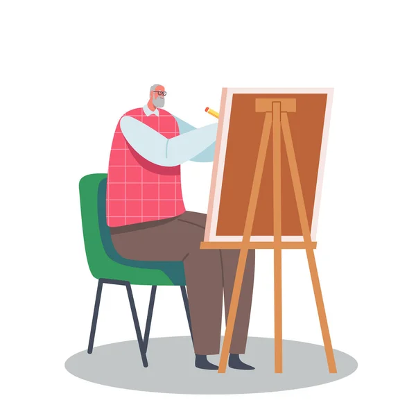 Artista Senior Hobby. Viejo pintor masculino sostiene el pincel en la mano delante de la lona en el dibujo del caballete con pinturas al óleo — Archivo Imágenes Vectoriales