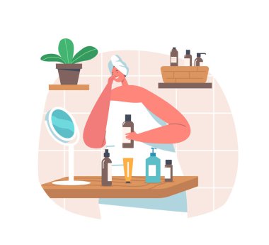 Kadın Doğal Mineral Kozmetik ve Maske Uygula. Kozmetik kavanozları ve şişeleri olan Kadın Karakteri Spa Prosedürü Uygula