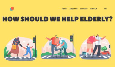 Karakterler Yaşlılar İniş Sayfası Şablonu İçin Karşıya Geçmeye Yardım Eder. Erkek, Kadın ve Küçük Çocuk Yaşlıları Destekliyor