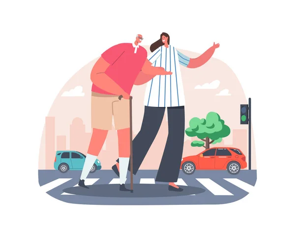 Jonge vrouwelijke karakter helpen bij het oversteken van de weg voor oudere man met wandelstok. vrouw stad bewoner verhuis over kruising weg — Stockvector