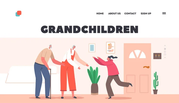 Kind bezoek oma Landing Page Template. Happy Grandparents Maak kennis met Granddaughter Character. Meisje rennen naar omhelzing familieleden — Stockvector