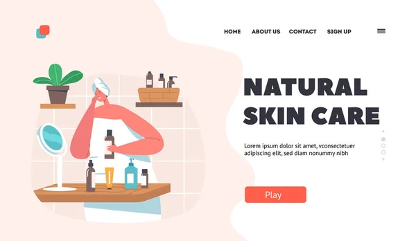 Natural Skin Care Landing Page Template. Vrouw brengt cosmetica masker aan. Vrouwelijk karakter met cosmetische potten en flessen — Stockvector