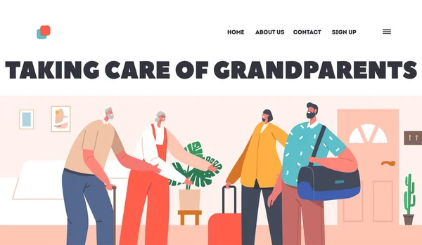 Cuidando de los abuelos Plantilla de Landing Page. Personajes masculinos y femeninos con equipaje vienen a visitar a padres ancianos — Vector de stock