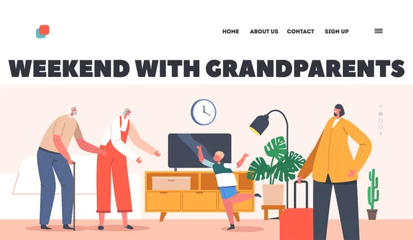 Dedeleri ve nineleri ziyaret eden çocuk sayfa şablonu. Mutlu Büyükbaba, büyükanne ve torun Karakterleri Buluşması, Mutluluk — Stok Vektör