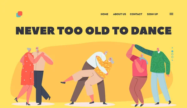 Люблячі старші пари танцюють шаблон приземлення сторінки. Щасливі старі чоловіки і жінки, тримаючи руки і переслідуючи — стоковий вектор